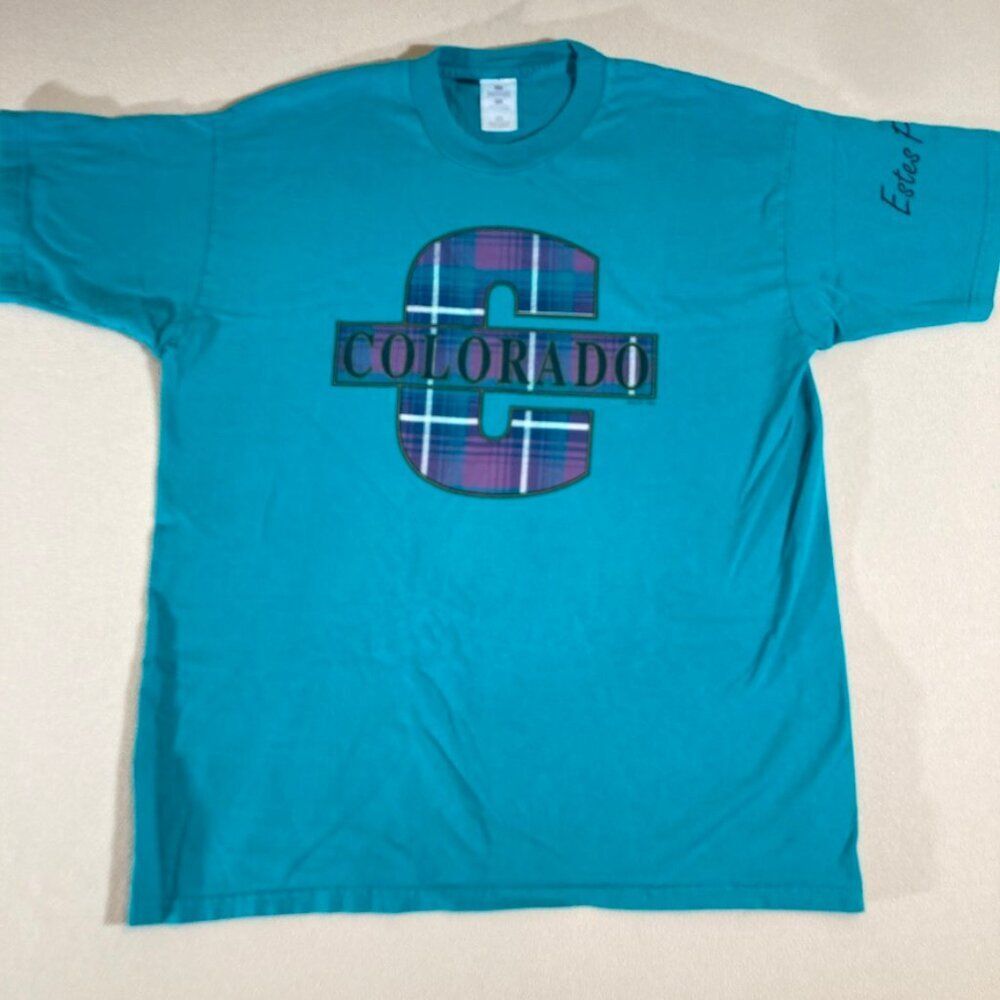 Vtg 90s Estes Park Colorado T-shirt XL Teal Green 1993 Boxy Bright‎ Heavyweight